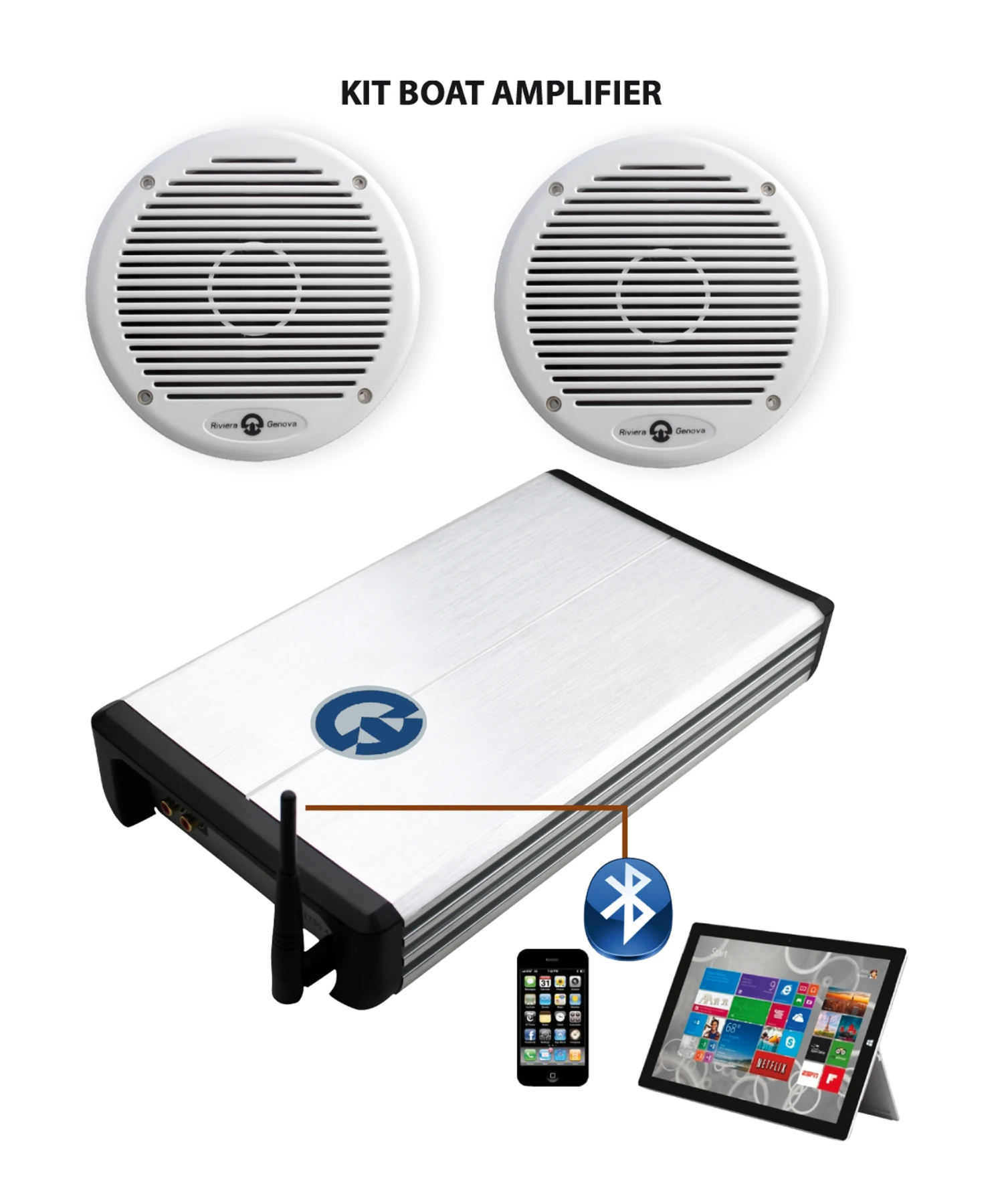 Marinförstärkare med ickemagnetiska högtalare 2 x 120W